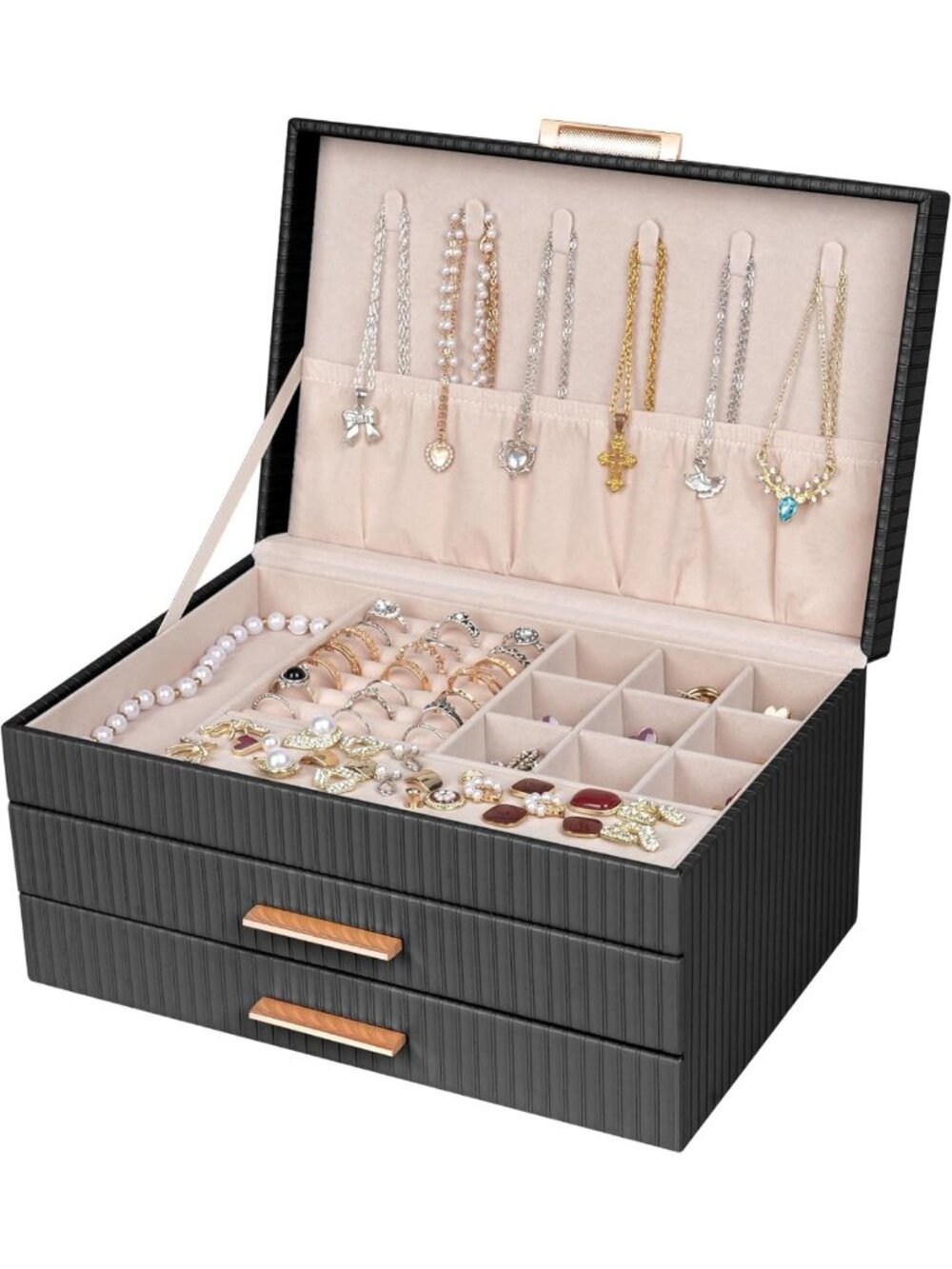Elegant 3-Tier Jewelry Organizer with Drawers, Modern PU Leather Storage Box